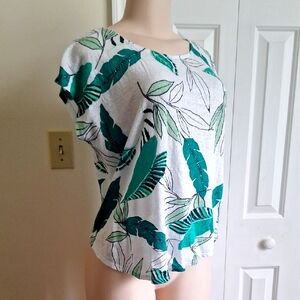 Tahari Linen Tee Tropical Leaf Print Size Large